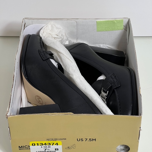 Michael Kors Black Leather Loafer Hattie Mid Shoe Size 7.5M Block Heel MSRP $168 - Picture 2 of 16